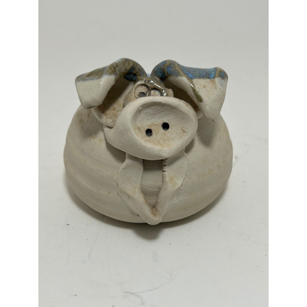 Studio Art Pottery Piggy Bank Handcrafted Ceramic Blue Glaze with Key Whimsical